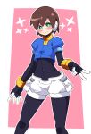  1girl absurdres aile_(mega_man_zx) black_bodysuit blue_jacket blush bodysuit brown_hair buzzlyears closed_mouth cropped_jacket green_eyes highres jacket mega_man_(series) mega_man_zx short_shorts short_sleeves shorts smile solo v white_shorts 