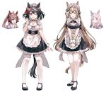  4girls absurdres alternate_costume animal_ears black_hair breasts brown_hair cleavage collarbone commentary_request enmaided highres horse_ears horse_girl horse_tail kitasan_black_(umamusume) large_breasts long_hair looking_at_viewer maid medium_hair mejiro_mcqueen_(umamusume) migolu multiple_girls one_eye_closed pantyhose ponytail purple_eyes satono_diamond_(umamusume) school_uniform simple_background tail thighhighs tokai_teio_(umamusume) tracen_school_uniform umamusume white_background 