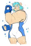  1boy animal_ears bara biceps blue_gloves english_commentary fingerless_gloves flexing furry furry_male gloves highres indie_virtual_youtuber liger_boy lion_ears lion_mane male_focus singlet star_(symbol) syukapong tohdoh_raigo white_background wrestling_singlet 