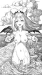  1girl animal_ears bat_wings black-painter blush breasts cloud greyscale highres long_hair looking_at_viewer medium_breasts monochrome navel nipples nude open_mouth pussy smile wading water wet wings 