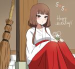  1girl absurdres alternate_costume artist_name blush broom brown_eyes brown_hair clothing_request dated flower happy_birthday highres holding holding_flower iino_miko kaguya-sama_wa_kokurasetai_~tensai-tachi_no_renai_zunousen~ knees_up long_hair low_twintails nana_(7kah) open_mouth sitting twintails white_flower 