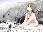  between_legs blush bow bowtie brown_eyes brown_hair eraser giantess hand_between_legs hinata-bokko_(sanpo_fuumi) house long_hair monochrome_background nature pencil pullover scissors shirt sitting smile thighhighs wariza white_legwear 