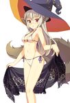  animal_ears bikini glasses hat ikura_hato original red_eyes silver_hair swimsuit tail towel witch_hat 