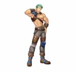  1boy arm_behind_head armor brown_footwear dieck_(fire_emblem) fire_emblem fire_emblem:_the_binding_blade fire_emblem_heroes green_eyes green_hair grey_pants looking_at_viewer mikurou_(nayuta) muscular muscular_male official_art pants pauldrons shoulder_armor single_pauldron smile solo spiked_pauldrons topless topless_male 