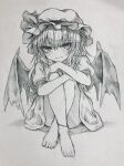  1girl absurdres ankle_strap barefoot bat_wings blush commentary_request greyscale hat hat_ribbon highres hugging_own_legs looking_at_viewer medium_hair mob_cap monochrome open_mouth remilia_scarlet ribbon short_sleeves sitting smile solo touhou wings yonoisan 