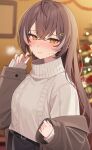  1girl absurdres ahoge blurry blurry_background blush brown_eyes brown_hair casual christmas_tree gukurosawa01 hair_between_eyes hair_down hair_ornament hairclip highres hololive hololive_english jacket jacket_partially_removed long_hair looking_at_viewer nanashi_mumei sleeves_past_wrists solo sweat sweatdrop sweater upper_body virtual_youtuber 