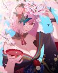  1girl absurdres bare_shoulders black_kimono branch breasts bug butterfly cherry_blossoms cherry_tree cleavage closed_mouth cup detached_collar english_commentary flower fox_mask hair_flower hair_ornament hair_over_one_eye highres holding holding_cup holding_mask hololive hololive_english japanese_clothes kimono looking_at_viewer mask mori_calliope mori_calliope_(new_year) off_shoulder official_alternate_costume official_alternate_hair_length official_alternate_hairstyle pink_hair red_eyes red_lips red_nails reirz sakazuki short_hair solo tassel upper_body virtual_youtuber wide_sleeves 