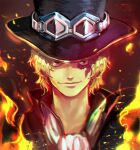  1boy ascot black_eyes black_headwear blonde_hair closed_mouth commentary_request fire goggles goggles_on_headwear hat looking_at_viewer male_focus one_piece ruck sabo_(one_piece) scar scar_across_eye scar_on_face short_hair smile solo top_hat white_ascot 
