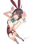  ahoge alternate_costume animal_ears aqua_bow aqua_bowtie black_hair bow bowtie breasts curled_fingers detached_collar from_above full_body grey_thighhighs hair_ribbon hayanami_(kancolle) highres kantai_collection leotard one-piece_thong playboy_bunny ponytail purple_leotard rabbit_ears rabbit_tail ribbon sidelocks simple_background small_breasts strap_slip tail tetsukuzu_(yajirushi_shita) thighhighs white_background white_ribbon wrist_cuffs yellow_eyes 