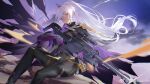  1girl anti-materiel_rifle artist_name bodysuit braid cloak french_braid girls&#039;_frontline girls&#039;_frontline_2:_exilium grey_hair gun highres holding holding_gun holding_weapon long_hair looking_at_viewer mask miyazakisoul nemesis_(girls&#039;_frontline_2) om_50_nemesis ponytail purple_eyes rifle sitting sniper_rifle solo trigger_discipline weapon 