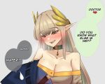 1girl 1other :d abineko arknights bare_shoulders black_choker blush breasts brown_eyes choker cleavage commentary_request doctor_(arknights) grey_background grey_hair grey_shirt highres hood long_hair looking_at_viewer muelsyse_(arknights) nose_blush off-shoulder_shirt off_shoulder open_mouth pointy_ears shirt simple_background smile speech_bubble sweatdrop upper_body very_long_hair 
