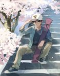  artist_request blue_eyes brown_hair cherry_blossoms full_body hand_on_headwear hat hattori_heiji jacket looking_at_viewer male_focus meitantei_conan open_clothes open_jacket pants sitting sitting_on_stairs smile solo stairs 