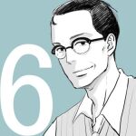  1boy blue_background glasses grey_background greyscale_with_colored_background kodama_yuki looking_at_viewer lowres male_focus monochrome mukae_tsutomu official_art old old_man round_eyewear sakamichi_no_apollon short_hair smile solo sweater_vest upper_body 