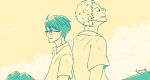  2boys back-to-back bandaid bandaid_on_face bandaid_on_nose closed_mouth from_side glasses green_theme kawabuchi_sentarou looking_up male_focus monochrome multiple_boys nishimi_kaoru profile sakamichi_no_apollon short_hair sitting smile tsume158cm upper_body 