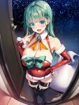  1girl absurdres aqua_eyes aqua_hair bag black_footwear blunt_bangs blush boots breasts christmas_tree_hair_ornament cleavage commentary_request covered_navel detached_collar detached_sleeves door doorway dress fisheye hair_ornament hand_on_own_hip highres kantai_collection knee_boots large_breasts long_hair looking_at_viewer night red_dress santa_costume santa_dress smile snow suzuya_(kancolle) thigh_strap torisan 
