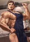  1boy apron ass bara beard black_apron blush brown_hair facial_hair highres holding holding_spatula indoors kitchen large_pectorals looking_at_viewer male_focus muscular muscular_male naked_apron nipples oji-mama_(skskdan) open_mouth pectorals short_hair sisimaru_hoshiura solo spatula wasp_(anthyutena) 