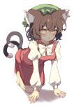  1girl absurdres all_fours animal_ear_piercing animal_ears barefoot bow bowtie brown_eyes brown_hair cat_ears cat_girl cat_tail chen dress feet green_headwear highres looking_at_viewer multiple_tails nekomata red_dress seika_okawari shirt solo tail toes touhou white_background white_bow white_bowtie white_shirt 