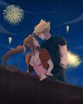  1boy 1girl aerial_fireworks aerith_gainsborough armor black_gloves blonde_hair blush braid braided_ponytail brown_hair cloud_strife couple dating dress final_fantasy final_fantasy_vii final_fantasy_vii_remake fireworks gloves hair_ribbon highres imminent_kiss jacket jewelry leather_belt looking_at_another necklace night night_sky pauldrons pink_dress pink_ribbon red_jacket ribbon shoulder_armor single_pauldron sky spiked_hair star_(sky) starry_sky turtleneck vanekairi 