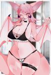 anthro blush breasts cake clothed clothing dessert digital_media_(artwork) female food hair hi_res holding_cake holding_food holding_fork holding_object mei_kemo membrane_(anatomy) membranous_wings midriff navel one_eye_closed pink_body pink_hair skimpy solo wings
