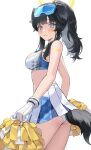  1girl animal_ears ass bare_shoulders black_hair blue_archive blue_eyes blush breasts cheerleader crop_top dog_ears dog_girl dog_tail eyewear_on_head gakincho02 gloves goggles goggles_on_head halo hibiki_(blue_archive) hibiki_(cheer_squad)_(blue_archive) highres holding holding_pom_poms long_hair looking_at_viewer medium_breasts millennium_cheerleader_outfit_(blue_archive) official_alternate_costume panties pom_pom_(cheerleading) simple_background skirt solo star_sticker sticker_on_arm sticker_on_face tail text_print thighs underwear white_background white_gloves white_panties white_skirt yellow_halo 