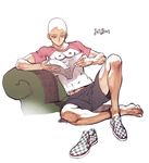  bald casual checkered full_body male_focus one-punch_man pigeon666 raglan_sleeves reading reclining saitama_(one-punch_man) shirt shoes shorts single_shoe sitting sneakers solo t-shirt toes toned toned_male 