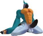 3d_(artwork) anthro avian balls beak blender_(software) blender_eevee blue_body blue_feathers breath_of_the_wild butt dargotdruid digital_media_(artwork) erection feathers genitals kass_(tloz) kneeling male muscular nintendo penis solo the_legend_of_zelda yellow_body yellow_eyes yellow_feathers