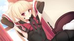  blazblue blonde_hair bow daiaru detached_sleeves long_hair mouth_hold ponytail rachel_alucard red_bow red_eyes ribbon solo 