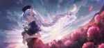  1girl blue_dress blue_headwear braid cloud constellation_print dress dutch_angle falling_petals field floating_hair flower flower_field holding holding_flower kyusoukyu long_hair looking_to_the_side moon non-web_source nurse official_art outdoors parted_bangs parted_lips petals pink_flower puffy_short_sleeves puffy_sleeves red_dress second-party_source short_sleeves single_braid sky solo sunrise touhou touhou_gensou_eclipse two-tone_dress very_long_hair white_flower white_hair yagokoro_eirin yellow_eyes 