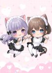  2girls :3 :d animal_ears apron black_bow black_dress black_footwear blush bow brown_hair cat_ears cat_girl cat_tail chibi chitetan closed_mouth commentary_request dress eyebrows_hidden_by_hair frilled_apron frills hair_bow hands_up heart maid maid_apron maid_headdress multiple_girls original pantyhose paw_pose puffy_short_sleeves puffy_sleeves purple_eyes purple_hair shoes short_sleeves smile tail tail_bow tail_ornament white_apron white_pantyhose wrist_cuffs 