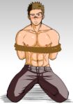  1boy abs arms_behind_back bandaid bandaid_on_face bandaid_on_nose bara bdsm blush bondage bound full_body kneeling looking_at_viewer male_focus mayugeyama navel nipples pants rope sakamichi_no_apollon simple_background solo toned toned_male topless_male white_background 
