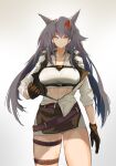  1girl abs animal_ears arknights black_gloves black_hair blaze_(arknights) blue_eyes breasts cat_ears cat_girl cowboy_shot extra_ears gloves hairband highres jacket large_breasts looking_at_viewer open_clothes open_jacket red_hairband simple_background skirt solo sports_bra thigh_strap thighs white_background white_jacket white_skirt white_sports_bra yellowllich 