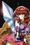  alisa_landeel belt breasts brown_hair cape cowboy_shot expressionless green_eyes hairband holding holding_sword holding_weapon lips lipstick looking_at_viewer makeup medium_breasts parted_lips phantasy_star phantasy_star_i sheath shiny solo space star_(sky) sword teeth unsheathed weapon 