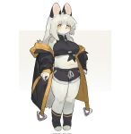  1girl animal_ears animal_nose bare_shoulders belly black_coat black_shirt black_shorts black_socks blush body_fur coat collared_shirt crop_top dolphin_shorts from_side front-tie_top full_body furry furry_female highres long_hair looking_at_viewer navel off_shoulder original plump rainggrade shirt shorts simple_background sleeveless sleeveless_shirt socks solo standing tail toeless_legwear two-sided_fabric white_background white_fur white_hair yellow_eyes 