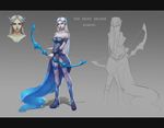  armor avarosa_(league_of_legends) bare_shoulders blue_eyes blue_footwear blue_leotard blue_skirt boots bow_(weapon) braid breasts character_name character_sheet cjh123456 cleavage french_braid from_behind full_body fur_trim gradient gradient_background grey_background grey_legwear grey_skin hair_ornament high_heel_boots high_heels highleg highleg_leotard highres holding holding_weapon knee_boots large_breasts league_of_legends leotard letterboxed lipstick long_hair long_skirt looking_at_viewer makeup multiple_views parted_lips shadow showgirl_skirt silver_hair sketch skirt standing strapless thighhighs turnaround vambraces very_long_hair weapon 