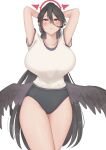  1girl absurdres armpits arms_behind_head arms_up black_buruma black_hair black_wings blue_archive blush breasts buruma closed_mouth cowboy_shot curvy feathered_wings gym_shirt gym_uniform hair_between_eyes halo hasumi_(blue_archive) highres huge_breasts large_wings long_bangs long_hair looking_at_viewer low_wings marueight08 mole mole_under_eye presenting_armpit red_eyes red_halo shirt sidelocks simple_background solo standing thick_thighs thighs very_long_hair white_background white_shirt wide_hips wings 
