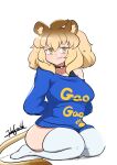  1girl animal_ears blonde_hair blue_shirt bra_strap breasts hair_between_eyes highres jewelry john_(a2556349) kemono_friends kemono_friends_3 kneeling large_breasts lion_(kemono_friends) lion_ears lion_tail long_hair long_sleeves looking_at_viewer multicolored_hair necklace shirt smile solo tail thighhighs yellow_eyes 