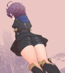  1girl ahoge ass bernadetta_von_varley bike_shorts bike_shorts_under_skirt black_footwear black_skirt boots cathedral commentary fire_emblem fire_emblem:_three_houses from_below garreg_mach_monastery_uniform highres hood hood_down knee_boots long_sleeves looking_at_viewer looking_back purple_eyes purple_hair short_hair skirt solo spicy_bardo uniform 