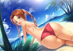  ass beach bikini blue_sky blush brown_hair cloud day dutch_angle from_behind green_eyes long_hair looking_back ocean original outdoors palm_tree sky solo sun swimsuit takuya_kame tan tree twintails 