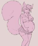 anthro belly big_belly big_breasts bottomwear breasts clothed clothing digital_media_(artwork) female fur hair hi_res holding_belly kiit0s legwear mammal midriff miniskirt navel nixie_(torqueempup) pregnant pregnant_female rodent sciurid shirt simple_background skirt smile solo tail thigh_highs tied_shirt topwear tree_squirrel white_background