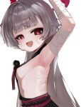  1girl :d arm_up armpits bandaged_arm bandages blue_archive blush breasts dokomon fang from_side grey_hair halo highres licking licking_armpit long_hair looking_at_viewer looking_to_the_side profile red_eyes shuro_(blue_archive) sideless_outfit simple_background small_breasts smile solo upper_body very_long_hair white_background 