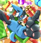 absurd_res ambiguous_gender anthro blue_body blue_fur christmas clothing container fur generation_4_pokemon gift hat headgear headwear hi_res holding_gift holding_object holidays in_box in_container looking_at_viewer lucario niku1441 nintendo one_eye_closed open_mouth pokemon pokemon_(species) solo