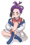  1boy adjusting_sock aritsune01 black_hair blue_socks closed_mouth collarbone commentary_request full_body gloves highres jacket kieran_(pokemon) long_sleeves male_focus mole mole_on_neck multicolored_hair off_shoulder partially_fingerless_gloves pokemon pokemon_sv purple_hair red_shirt shirt shorts single_glove sitting sleeveless sleeveless_shirt socks solo tank_top two-tone_hair white_jacket white_shorts yellow_eyes 
