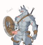 anthro balls biceps blush canid canine canis clothing deltoids erection fur genitals grey_body grey_fur hi_res humanoid_genitalia humanoid_hands humanoid_penis male mammal manly melee_weapon muscular muscular_anthro muscular_male navel paintballx99 pecs penis shield solo sword wardrobe_malfunction warrior weapon wolf