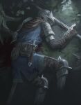  1other ambiguous_gender armored_boots blood boots brown_gloves chosen_undead dark_souls_(series) dark_souls_i feet_out_of_frame fu_~i_ru gloves helm helmet highres holding holding_sword holding_weapon lying on_side pouch shoulder_plates solo sword tree weapon 