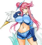  bird blue_eyes blue_gloves blush breasts cowboy_shot fuuro_(pokemon) gen_5_pokemon gloves groin hair_ornament holding holding_poke_ball impossible_clothes large_breasts long_hair long_sleeves looking_away midriff navel perky_breasts poke_ball pokemon pokemon_(creature) pokemon_(game) pokemon_bw red_hair sachito shorts side_bun sidelocks simple_background smile swanna white_background 