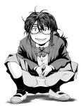  1girl blush bow bowtie collared_shirt glasses greyscale jimiko looking_at_viewer messy_hair monochrome nervous_smile open_mouth original own_hands_together panties pleated_skirt ponytail ryoumoto_hatsumi school_uniform shirt shoes skirt smile socks solo squatting sweat underwear upskirt 
