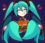  1girl :3 aqua_hair blue_nails burger cheese chewing closed_eyes collared_shirt commission crumbs eating flag food hair_between_eyes hair_ornament hatsune_miku highres ketchup lettuce long_hair onion parted_bangs purple_background shirt simple_background solo twintails very_long_hair vocaloid yumeyuk0 