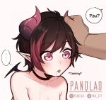  ... 1girl artist_name black_choker blush choker collarbone cum demon_horns demon_wings horns mini_wings original pan_(panqlao) panqlao pink_eyes pointy_ears simple_background solo_focus speech_bubble tongue tongue_out watermark white_background wings 