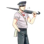  1boy artist_request bad_id bad_pixiv_id blonde_hair carrying_over_shoulder closed_mouth cowboy_shot cross_scar hands_in_pockets hat hat_over_one_eye holding holding_umbrella kawabuchi_sentarou looking_at_viewer male_focus military_hat sakamichi_no_apollon scar scar_on_cheek scar_on_face shirt short_hair simple_background sleeves_rolled_up solo striped striped_shirt umbrella white_background 