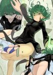  2girls absurdres ass bikini black_dress black_footwear blue_bikini breast_envy breasts commentary_request curly_hair dress fubuki_(one-punch_man) green_eyes green_hair hair_between_eyes highres large_breasts looking_at_viewer mameroku multiple_girls multiple_views one-punch_man petting shoes short_hair small_breasts swimsuit tatsumaki thighs 